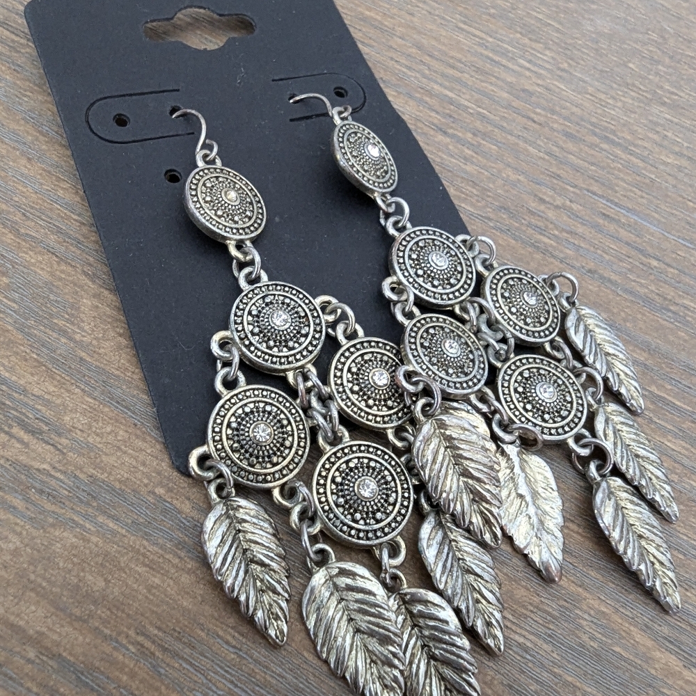 Multi Feather and Circle Dangle Earrings